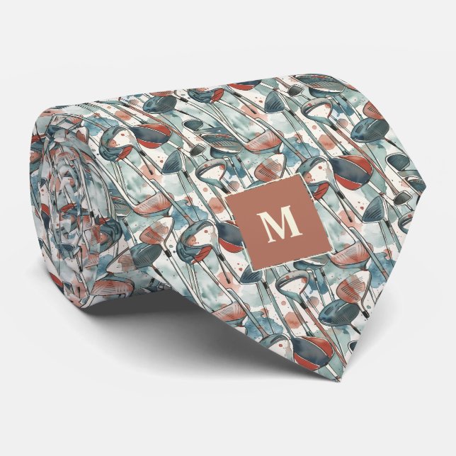 Golf Clubs Watercolor Monogrammed Neck Tie (Rolled)