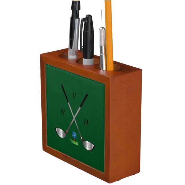 Golf Clubs with Golf Ball and Monogram Desk Organizer (In Situ)