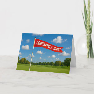 Golf congratulations with golf flag on green grass card