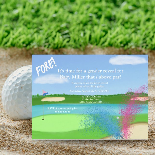 Golf Course And Bunker Gender Reveal Baby Shower Invitation (Tee off the Excitement! Swing into the perfect baby shower with our golfer-themed gender reveal!)