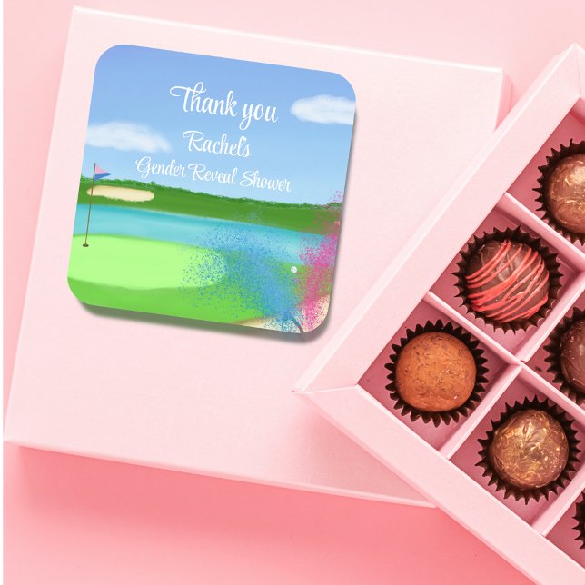 Golf Course Bunker Gender Reveal Baby Thank You Square Sticker (Creator Uploaded)