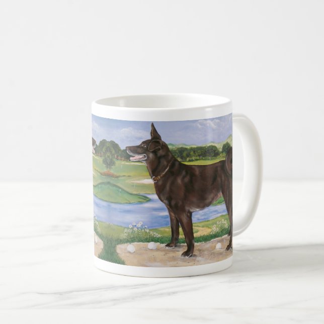 Golf Course Dog Chocolate Lab Mix Funny Coffee Mug (Front Right)
