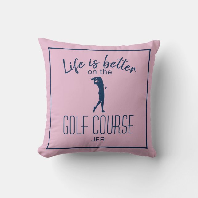 Golf Course Golfer Quote Monogrammed Pink Blue Throw Pillow (Front)