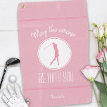 Golf Course Lady Golfer Monogram Pro Modern Pink Golf Towel<br><div class="desc">May the course be with you! Personalize cute design by adding the name of your favorite avid lady golfer! Golf Sentiment Quote typography has been added and features a lady golfer silhouette in pink on a white circle placed on an light pink background and double accent borders in coordinating pink....</div>