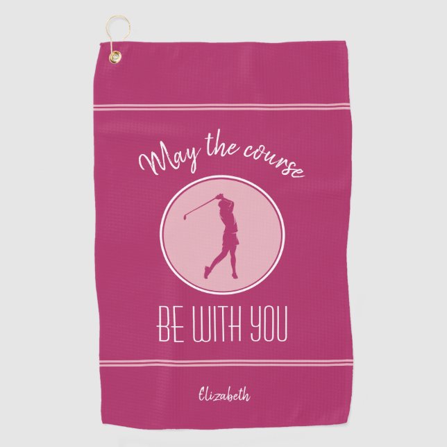 Golf Course Lady Golfer Monogram Pro Pink White Golf Towel (Front)