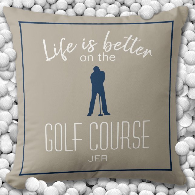 Golf Course Life Quote Monogrammed Khaki Blue Throw Pillow (Creator Uploaded)
