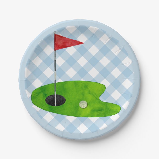 Golf Course Plaid Blue White Preppy Country Club Paper Plates (Front)