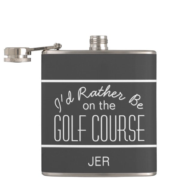 Golf Course Sports Quote Monogrammed Initials Gray Flask (Opened)