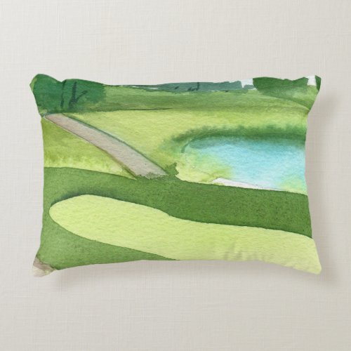 Golf course watercolor with bunker and water accent pillow