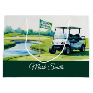 Golf course with text Happy Retirement on green Large Gift Bag