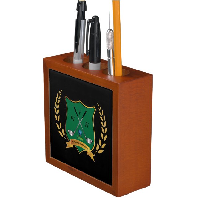 Golf Crest with Laurel Wreath Monogram Pencil/Pen Holder (In Situ)