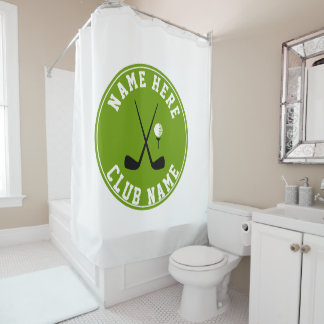 Golf crossed clubs, ball and name green shower curtain