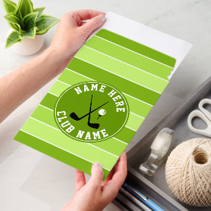Golf crossed clubs, ball and name green stripes envelope mailers