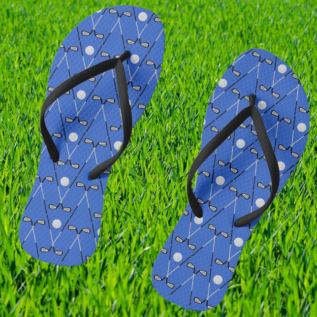 Golf crossed clubs pattern blue flip flops (With narrow black straps)