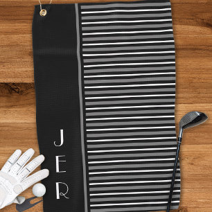 Golf Custom Initials Black Gray Modern Stripes Golf Towel