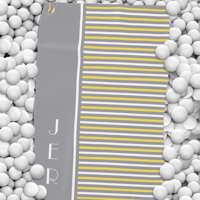 Golf Custom Initials | Modern Gray Yellow Stripes Golf Towel (Golf Custom Initials | Modern Gray Yellow Stripes Golf Towel)