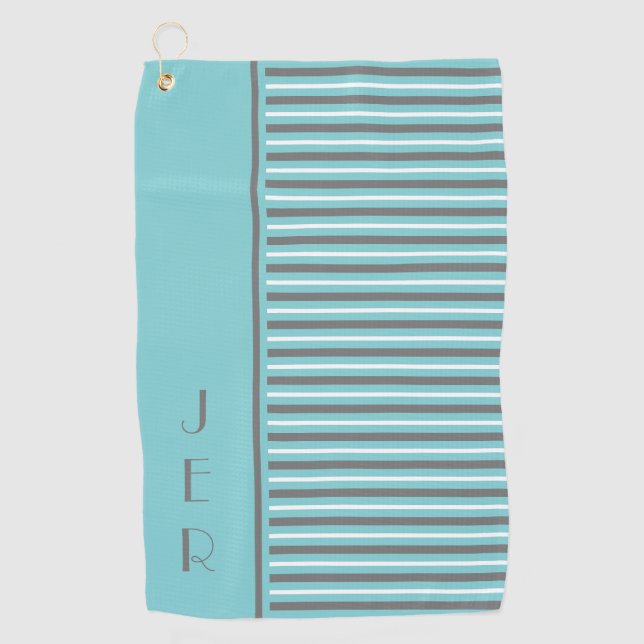 Golf Custom Initials | Teal & Gray Modern Stripes Towel (Front)