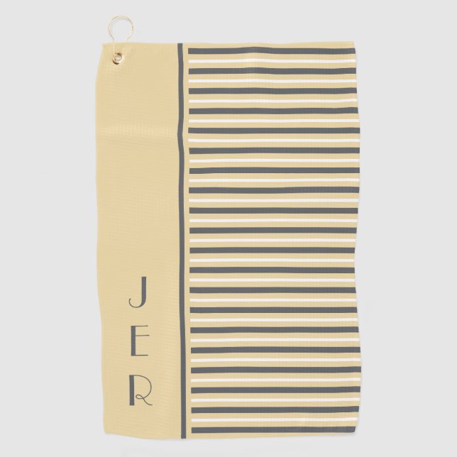 Golf Custom Monogram Initials Yellow Gray Stripe Golf Towel (Front)