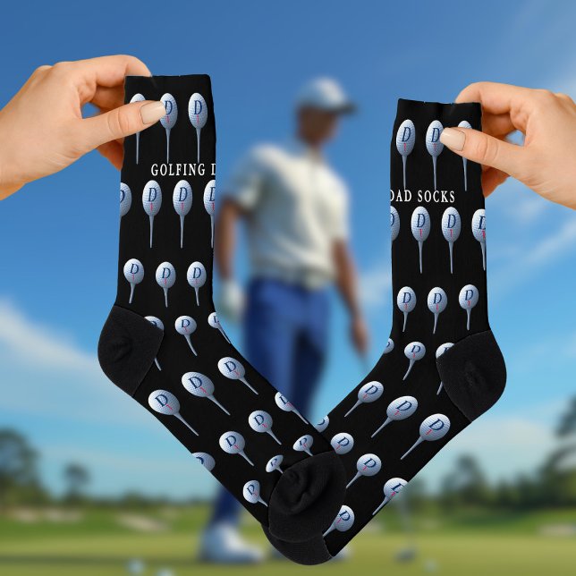 Golf Dad Teeing Off Monogram Black Golfing Socks (Teeing off? You'll need new socks for that. Just add your initial and golf ball number)
