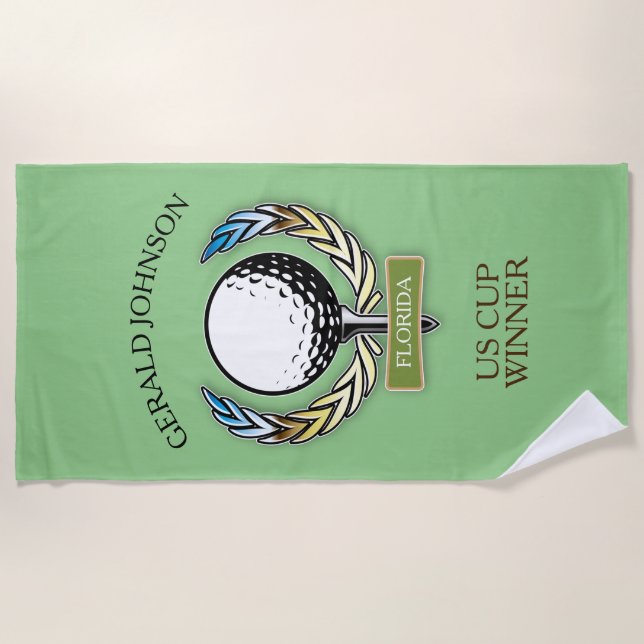 Golf Design with Wreath Monogram Template Beach Towel (Front)