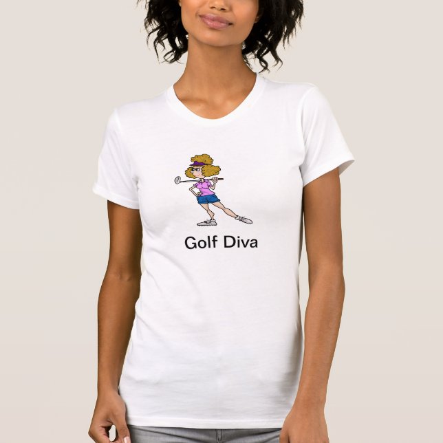 Golf Diva TShirt with Cartoon Woman Golfer (Front)