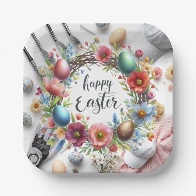 Golf Easter eggs balls and flower and equipment Paper Plates (Front)