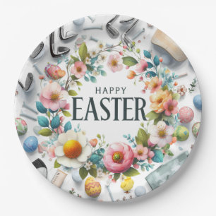 Golf Easter eggs balls and flower and equipment Paper Plates