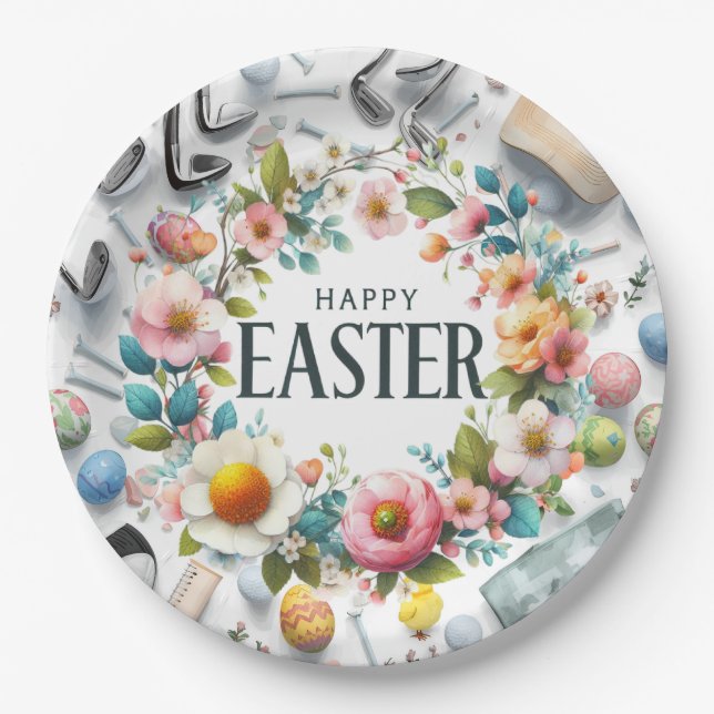 Golf Easter eggs balls and flower and equipment Paper Plates (Front)