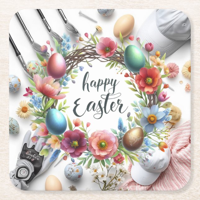 Golf Easter eggs balls and flower and equipment Square Paper Coaster (Front)