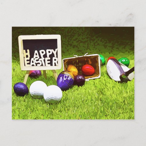 Golf Easter with club and colourful eggs golf ball Holiday Postcard