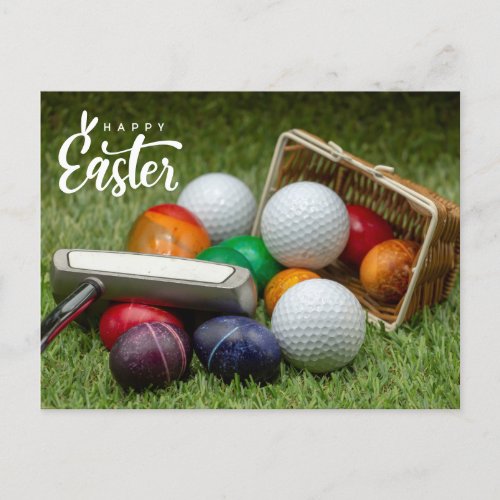 Golf Easter with colorful eggs golf ball  Holiday Postcard