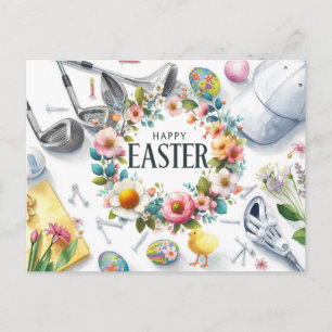 Golf easter with golf equipment with flower holiday postcard