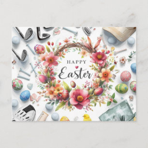 Golf easter with golf equipment with flower postcard
