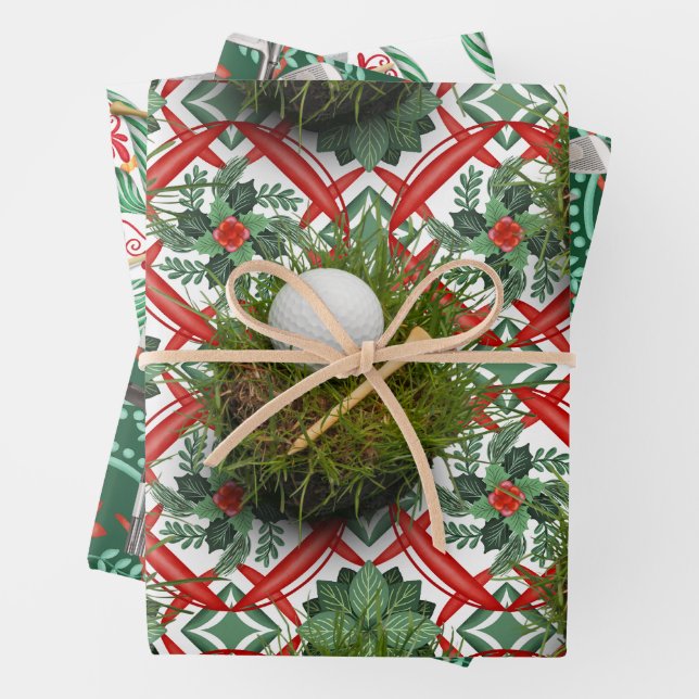 Golf Equipment on Christmas themed  Wrapping Paper Sheets (In situ)