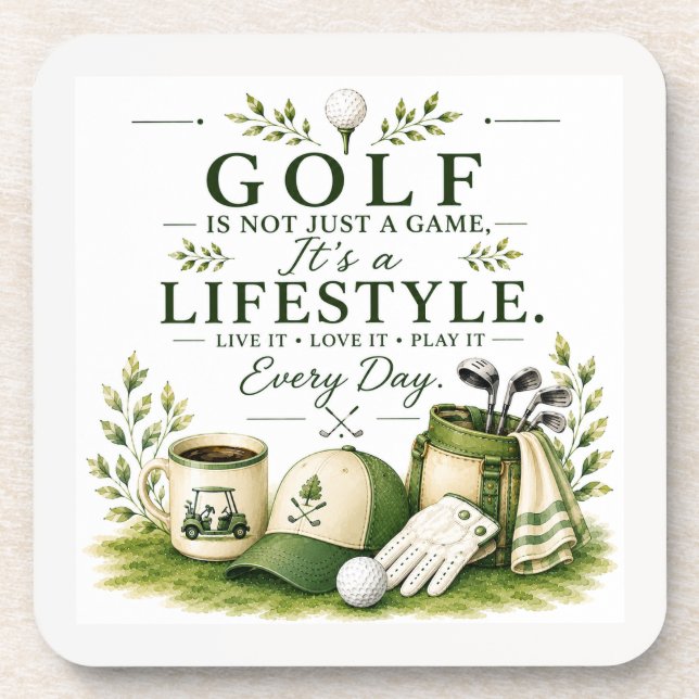 Golf equipment with text on green beverage coaster (Front)
