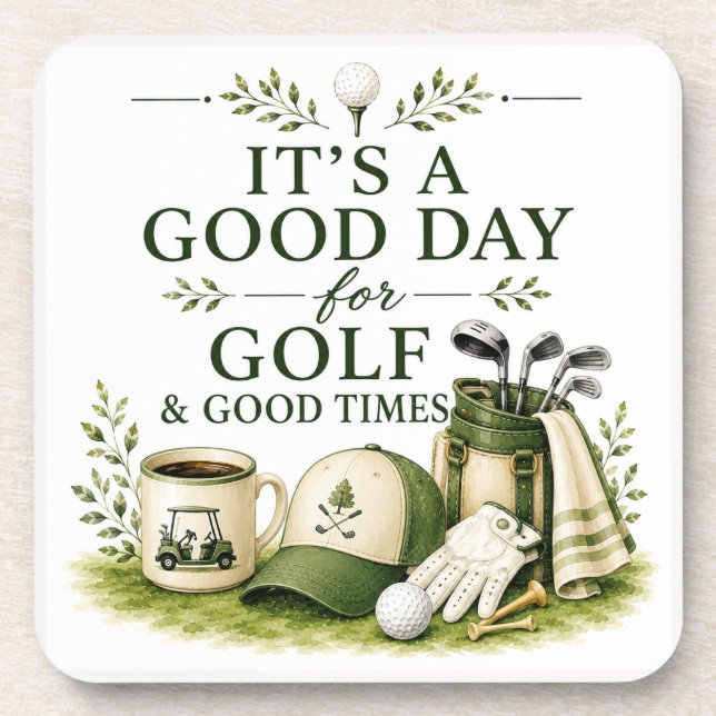 Golf equipment with text on green beverage coaster (Front)