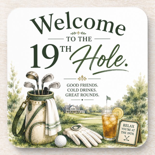 Golf equipment with text on green beverage coaster (Front)