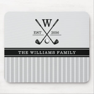Golf Family Monogram Gray Black White Mouse Pad