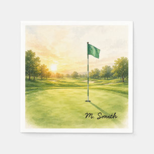 Golf flag is on putting green with your name napkins