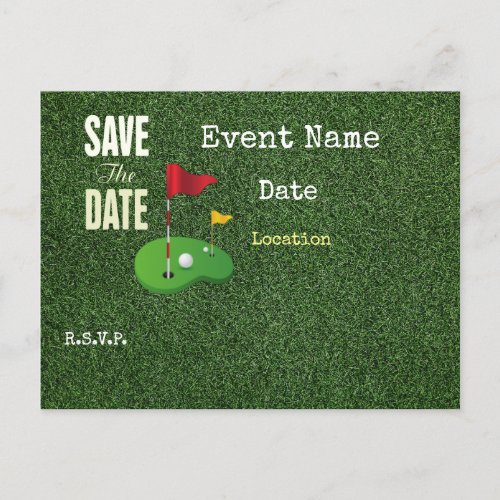 Golf flag on green save the date for golfer announcement postcard
