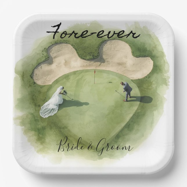 Golf Fore Ever with Bride and Groom Wedding  Paper Plates (Front)