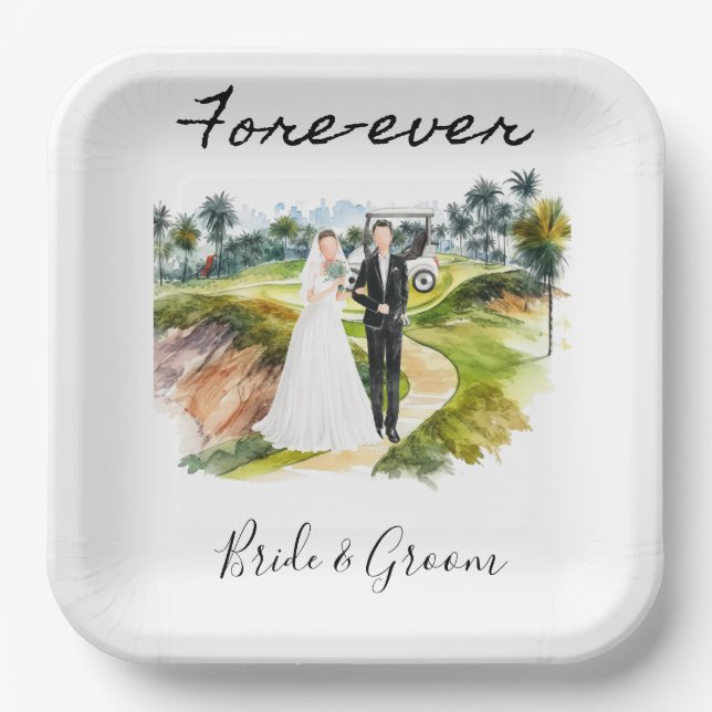 Golf Fore Ever with Bride and Groom Wedding  Paper Plates (Front)