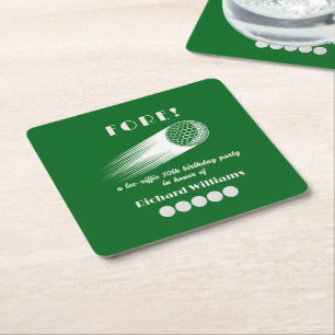 Golf Fore Tee-Riffic Green 50th Birthday Party Square Paper Coaster