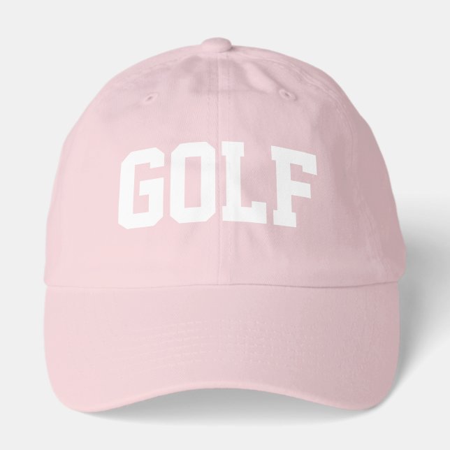 GOLF Fun Athletic White Text Light Pink Background Hat (Front)