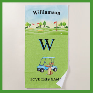 Golf Fun Course Cart Monogram Name   Beach Towel