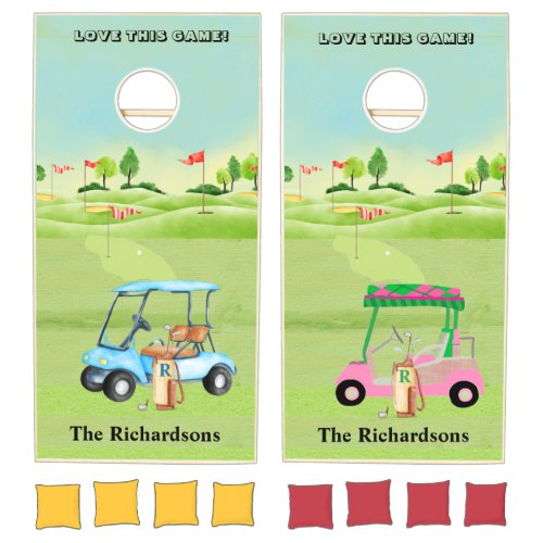 Golf Fun His Hers Carts Greens Monogram Name    Cornhole Set