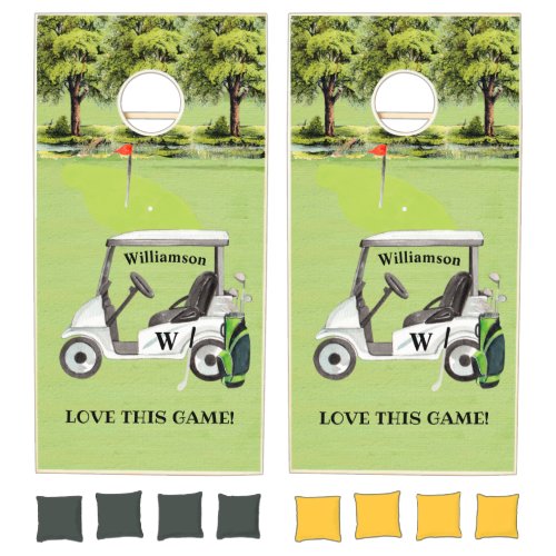 Golf Fun In the Hole Cart Monogram Name   Cornhole Set