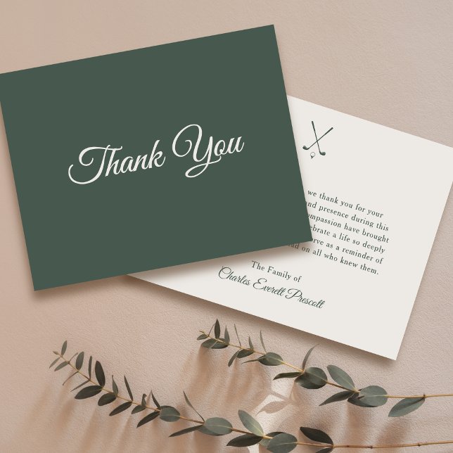 Golf Funeral Memorial Elegant Script Modern Green Thank You Card (Personalize the message & family name on the back.
)