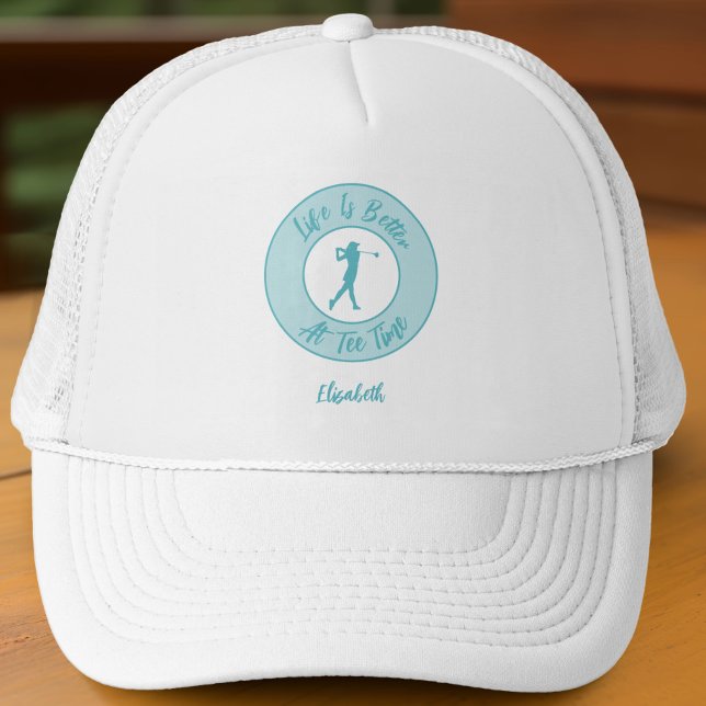 Golf Funny Ladies Golfer Tee Time Teal Trucker Hat (Funny teal trucker hat with name—because tee time deserves a stylish shade.)