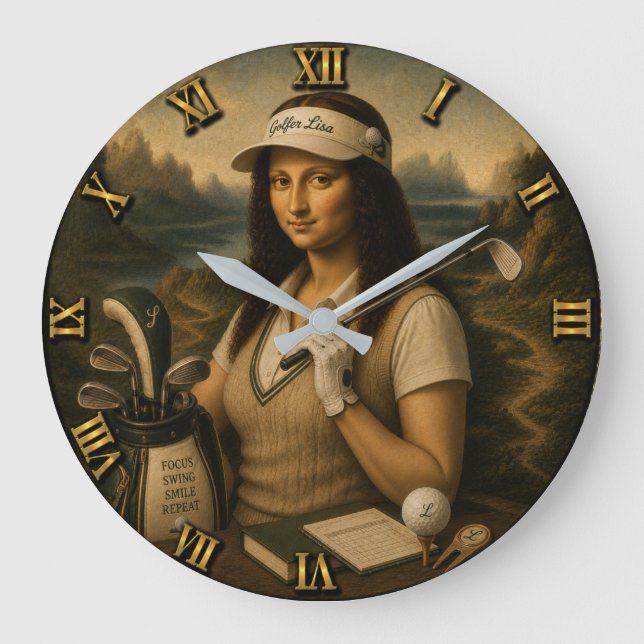 Golf Funny Mona Lisa Large Clock (Front)